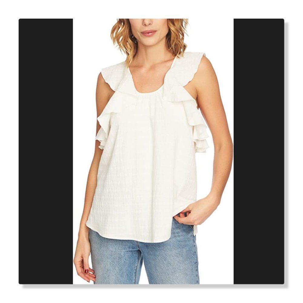 1.State Cotton Ruffle Cross-Back Spaghetti Strap Top - size Small in Ivory.